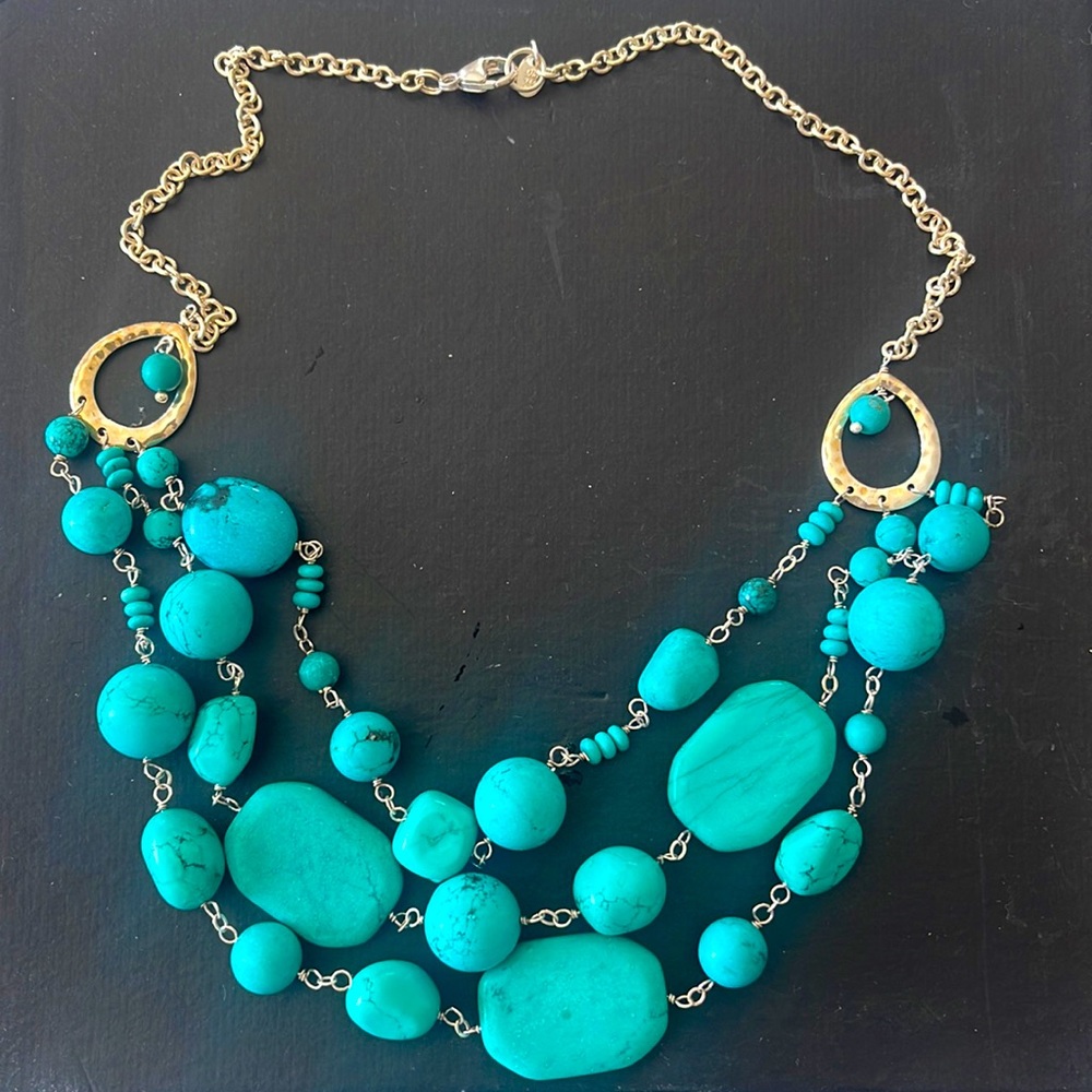 Sterling Silver with Turquoise Stones Statement Waterfall Bib Necklace